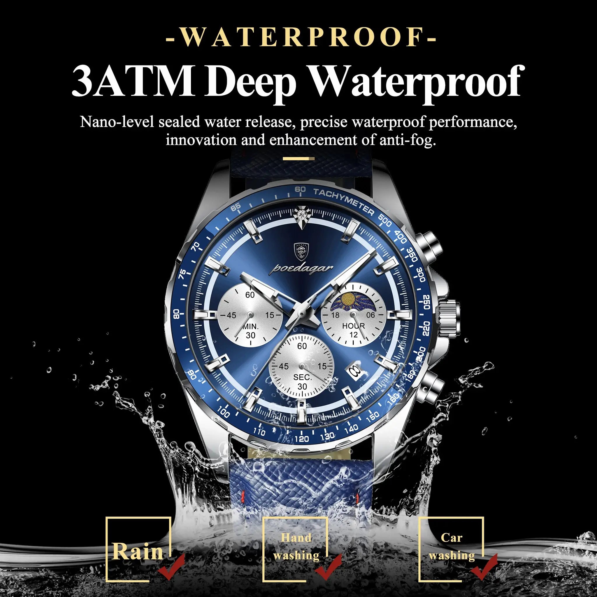 POEDAGAR men's wristwatch with blue dial, leather strap, chronograph and waterproof design