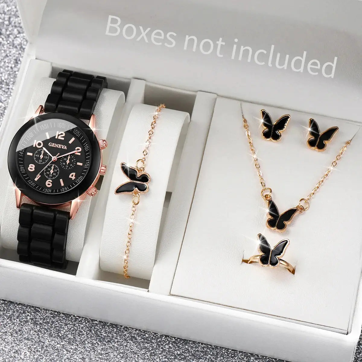 Women's watch and butterfly jewelry set with black watch and rose-gold accents, bracelet, necklace, earrings and ring
