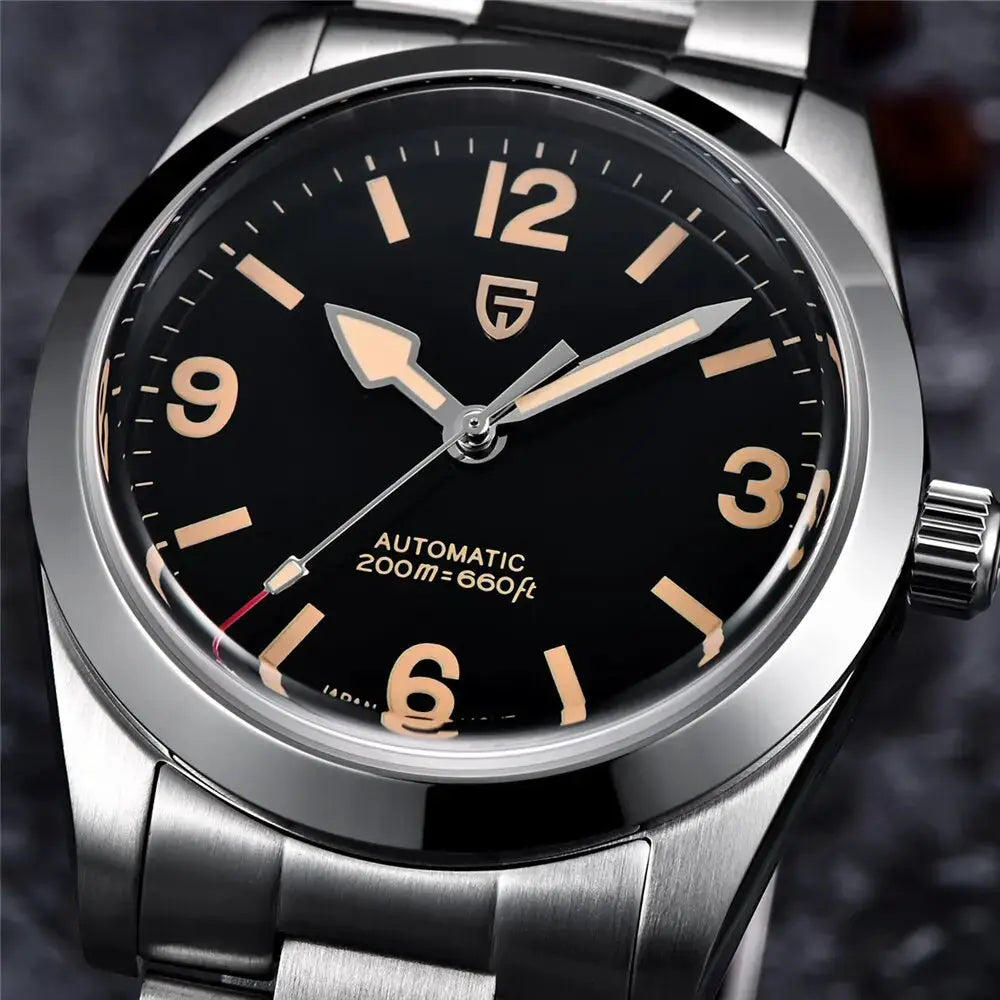 PAGANI DESIGN 36mm automatic watch; stainless steel case/bracelet, black dial with beige numerals