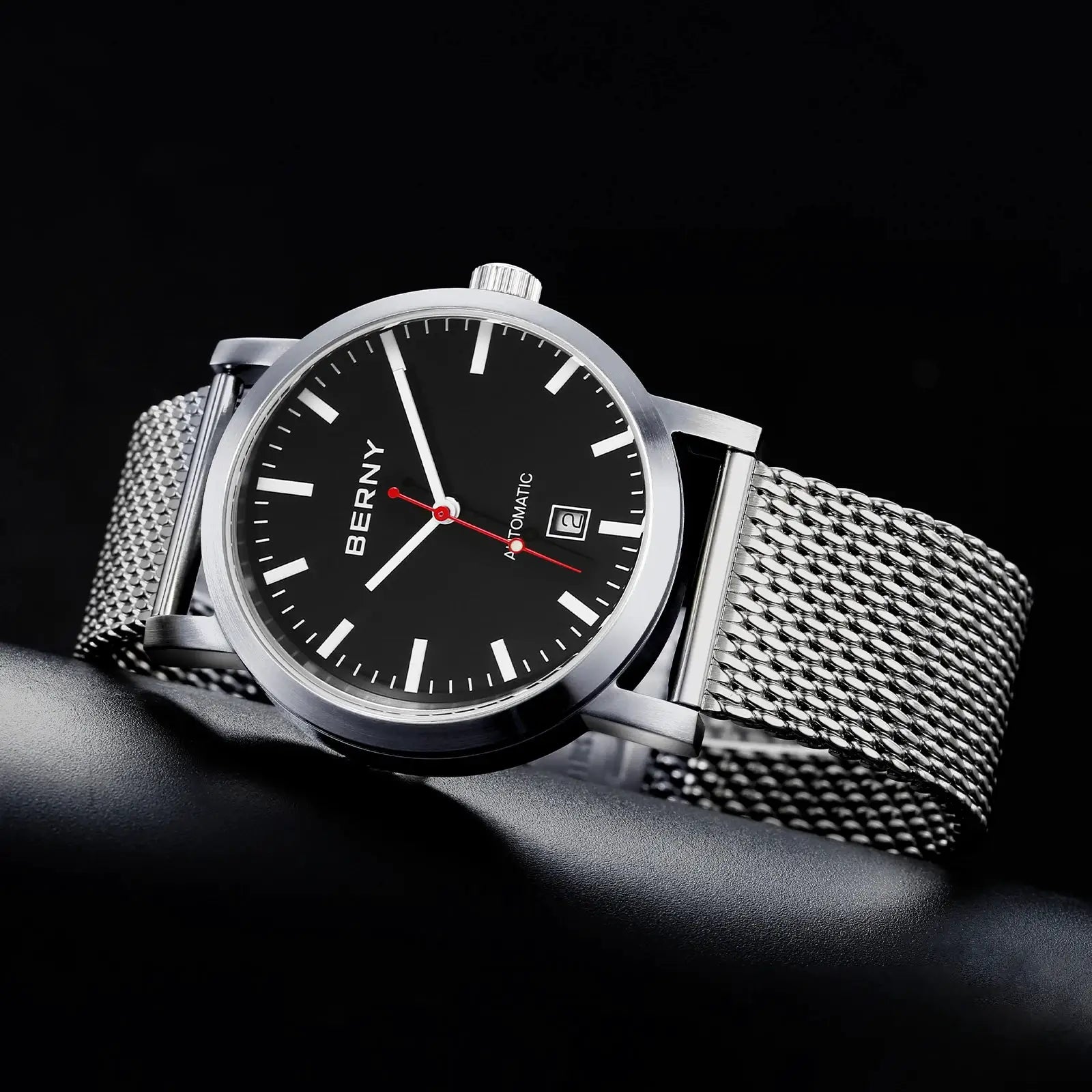 BERNY men's mechanical automatic wristwatch with black dial and stainless steel mesh band