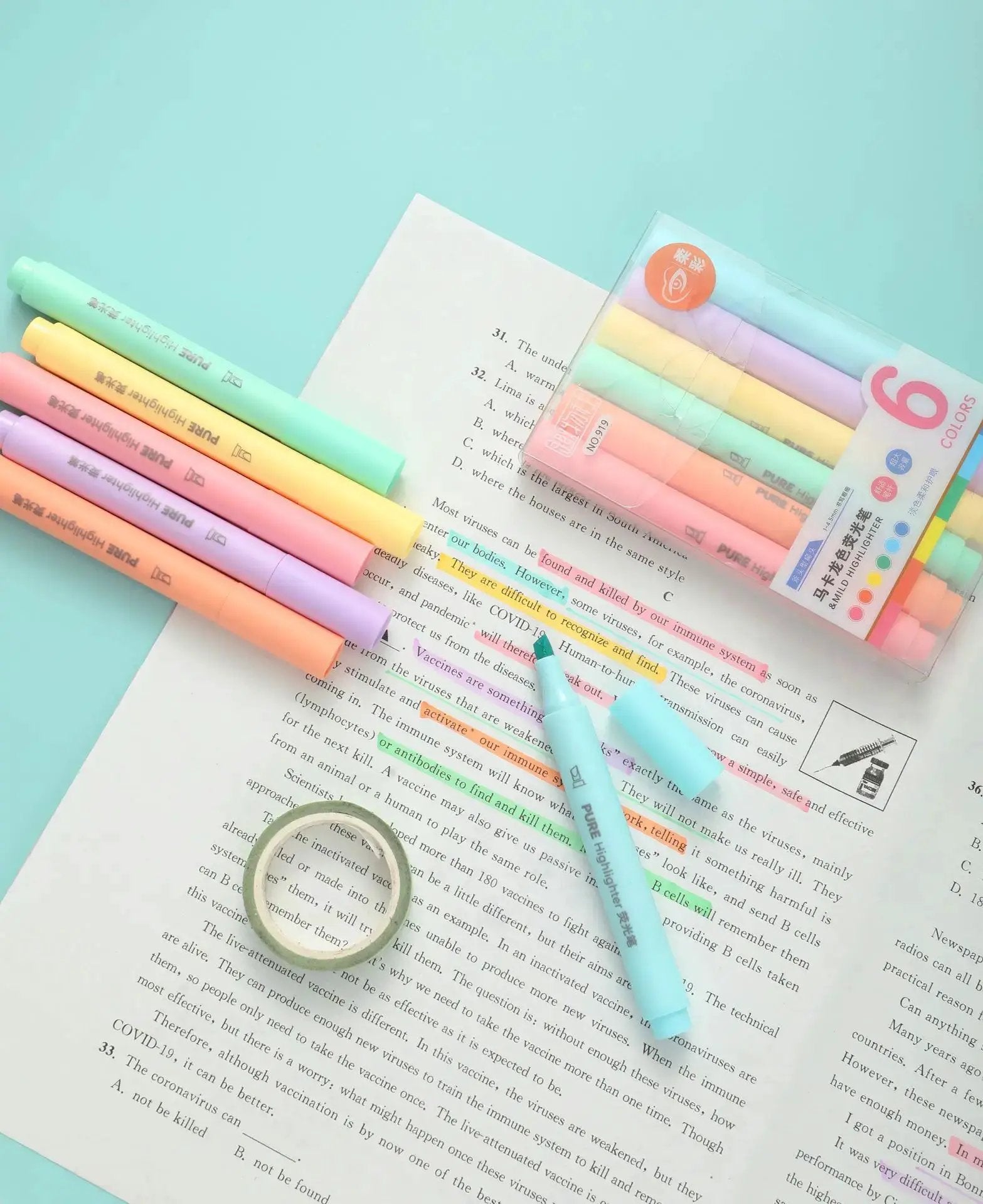 Pastel macaron highlighter pen set, 6pcs by Simples Market in mint, yellow, peach, pink, lavender, blue