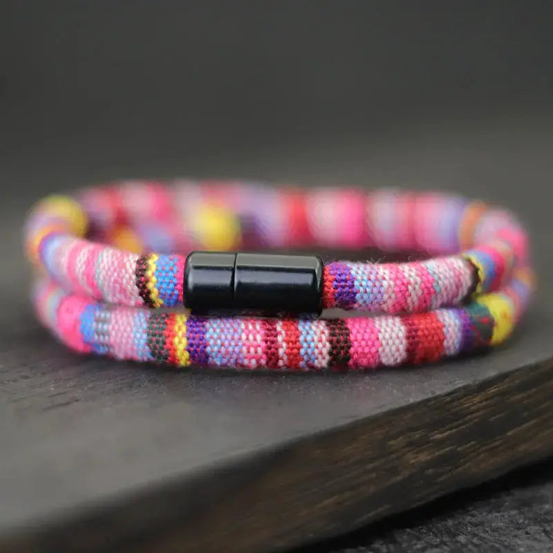 Men's bohemian rope bracelet with magnetic clasp, multicolor striped cord.