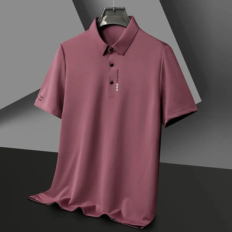 Men's polo shirt in mauve pink, short sleeves, button placket on hanger.