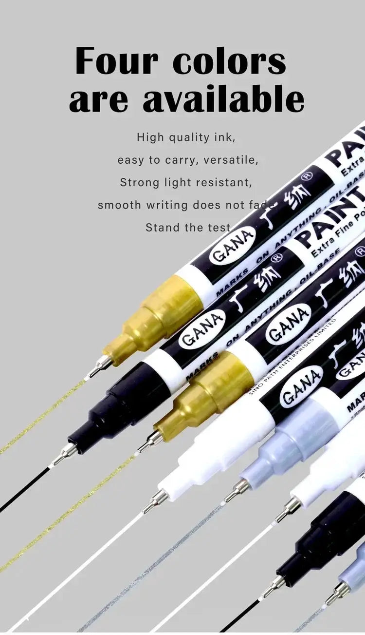 Simples Market 4-piece oil-based permanent paint marker set, GANA branding, 0.7mm extra-fine tips, waterproof