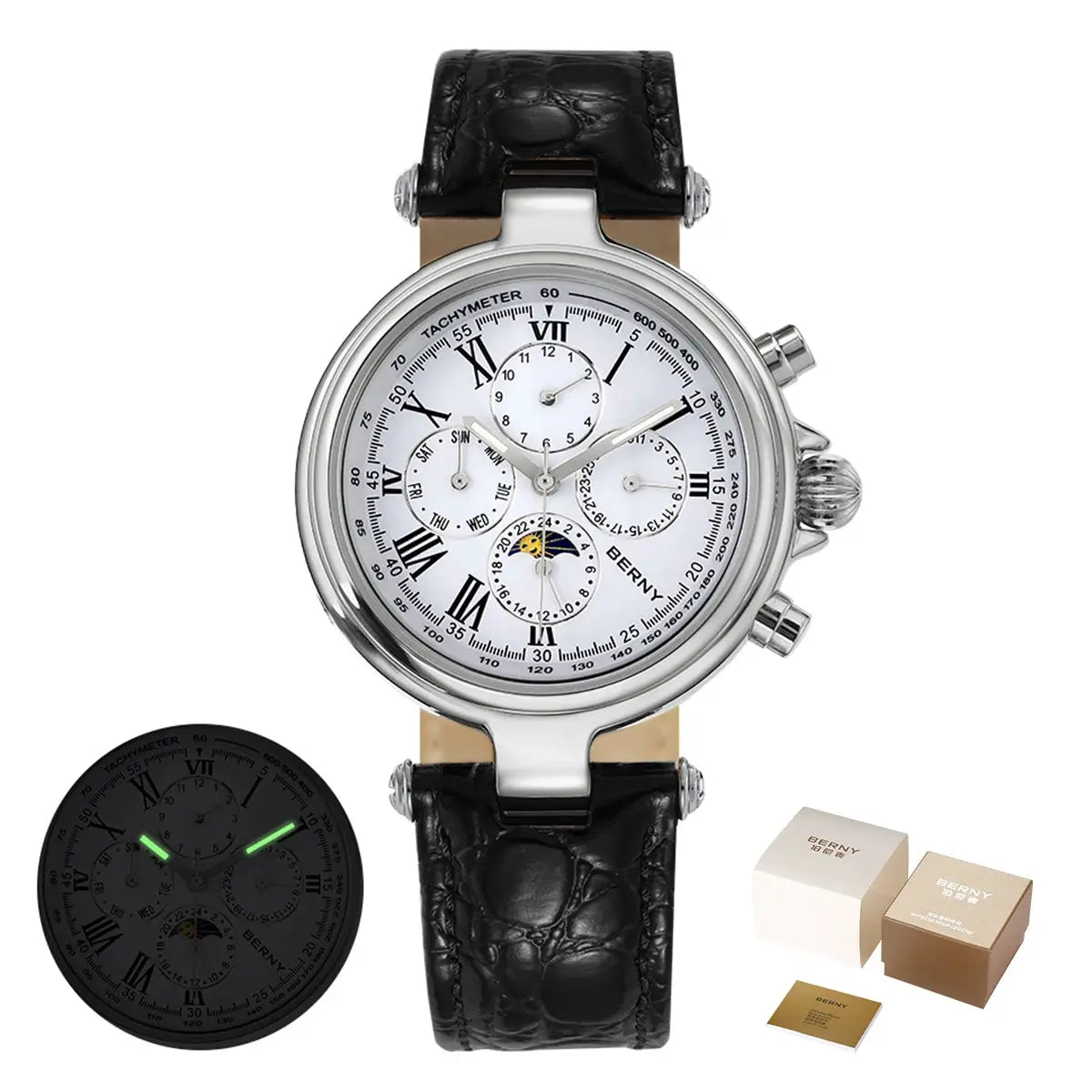 BERNY retro automatic men's watch with sun & moon phase, silver case, black leather strap, luminous hands