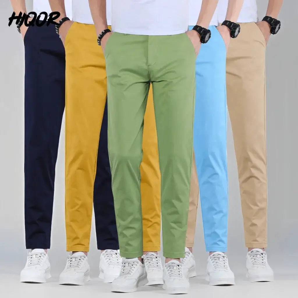 HIQOR men's casual cotton pants in five colors, lightweight summer trousers.