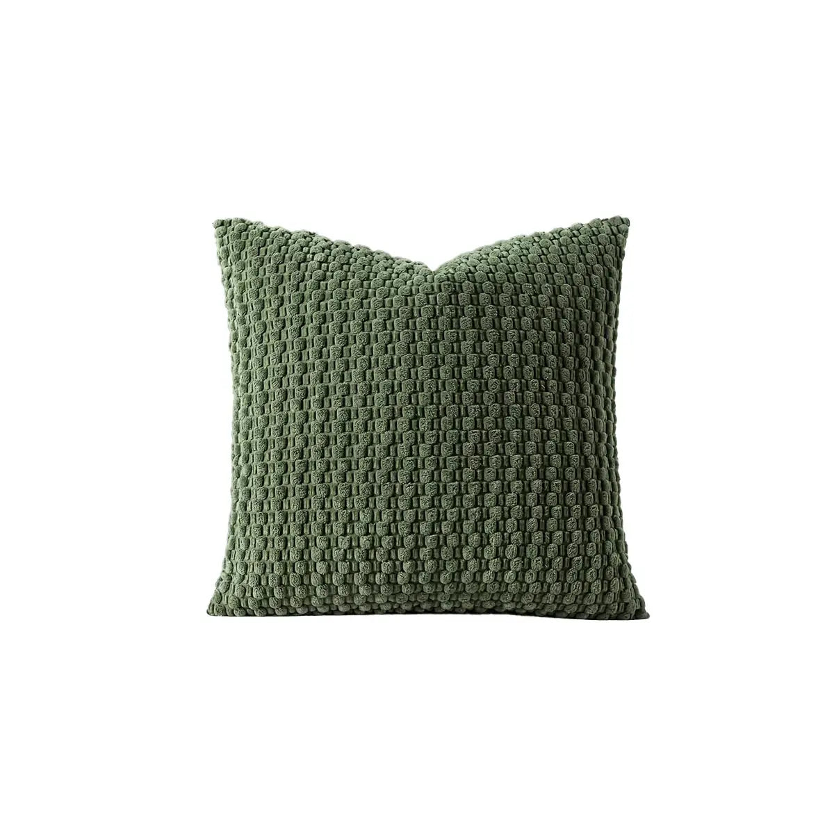 Square green corduroy pillow cover with textured weave, double-sided, 100% polyester.