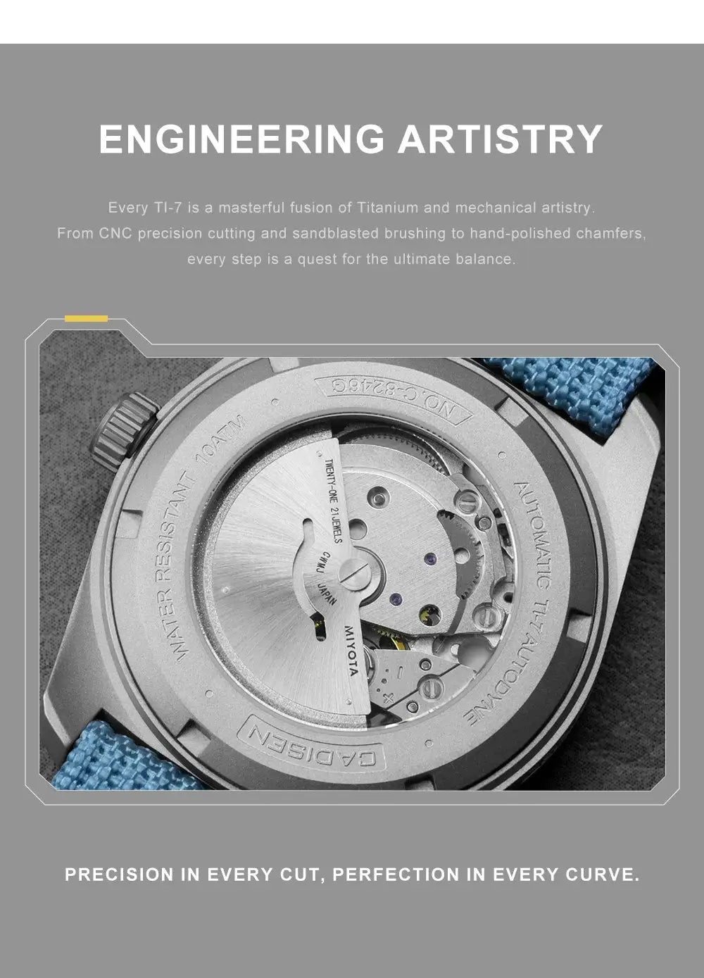 CADISEN TI-7 automatic titanium watch with blue canvas strap, Miyota 8215 movement, water resistant