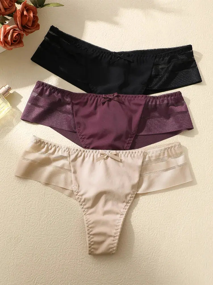 FINETOO 3pc women's lace hollow-out low-waist thong underwear set in black, burgundy, and nude by Simples Market