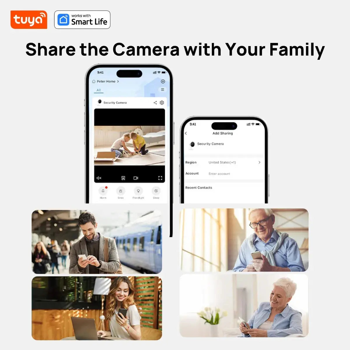 3MP HD Tuya Smart Indoor/Outdoor Security Camera by Simples Market; phone app and family-sharing collage