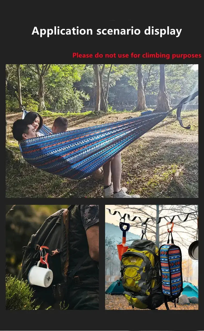 Outdoor hammock with blue patterned fabric and aluminum alloy double locking buckles by Simples Market