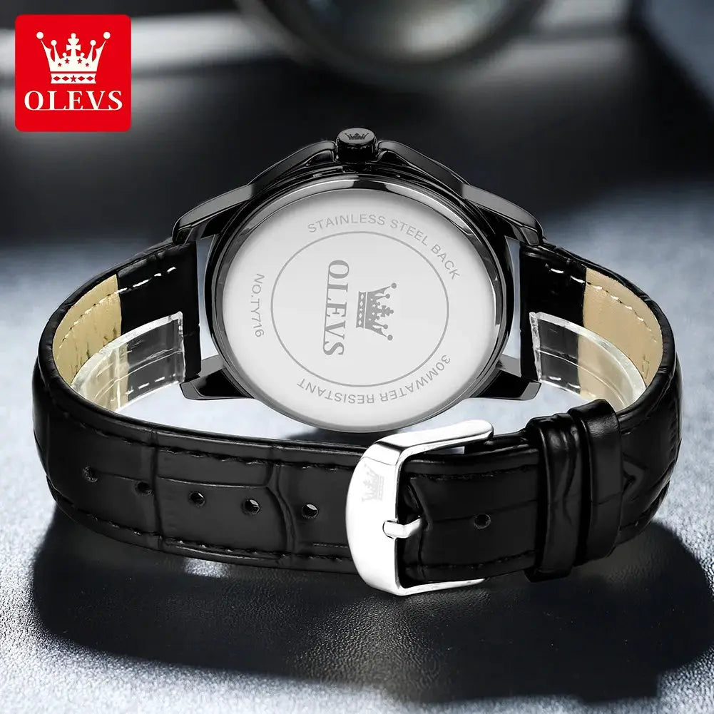 OLEVS men's watch with black leather strap and stainless steel back; water resistant, Simples Market brand.