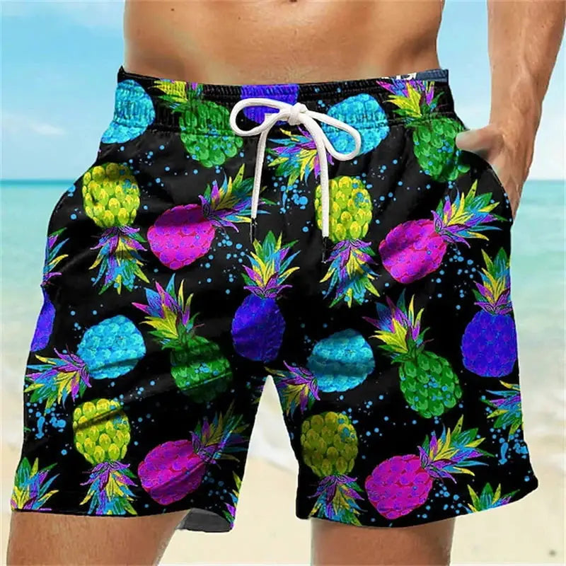 Men's swim shorts with neon pineapple print on black fabric; 3D style pattern, drawstring waist.