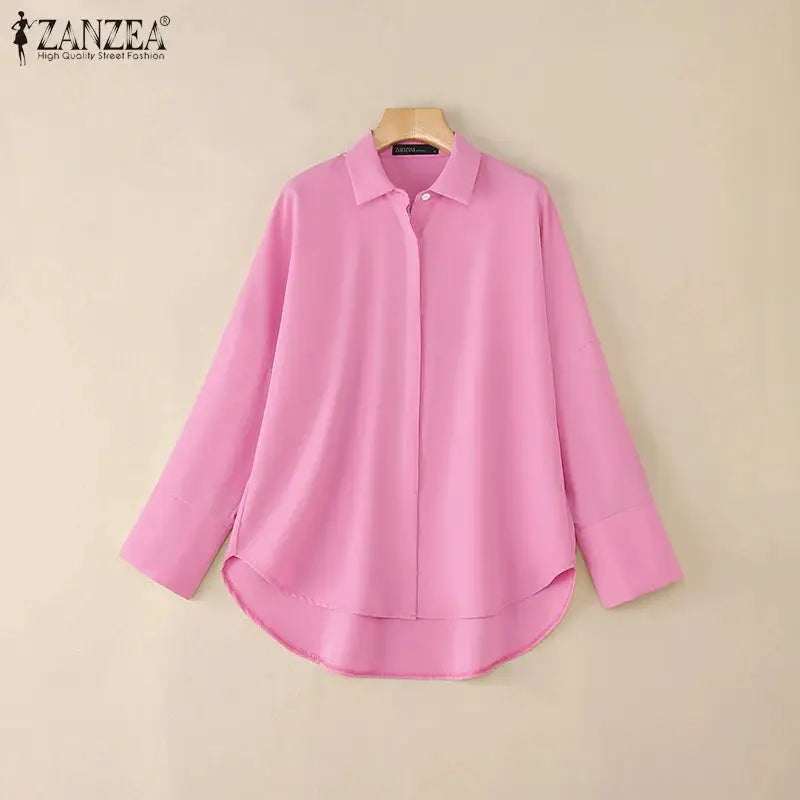 ZANZEA oversized pink blouse with turn-down collar, long sleeves, high-low hem on hanger