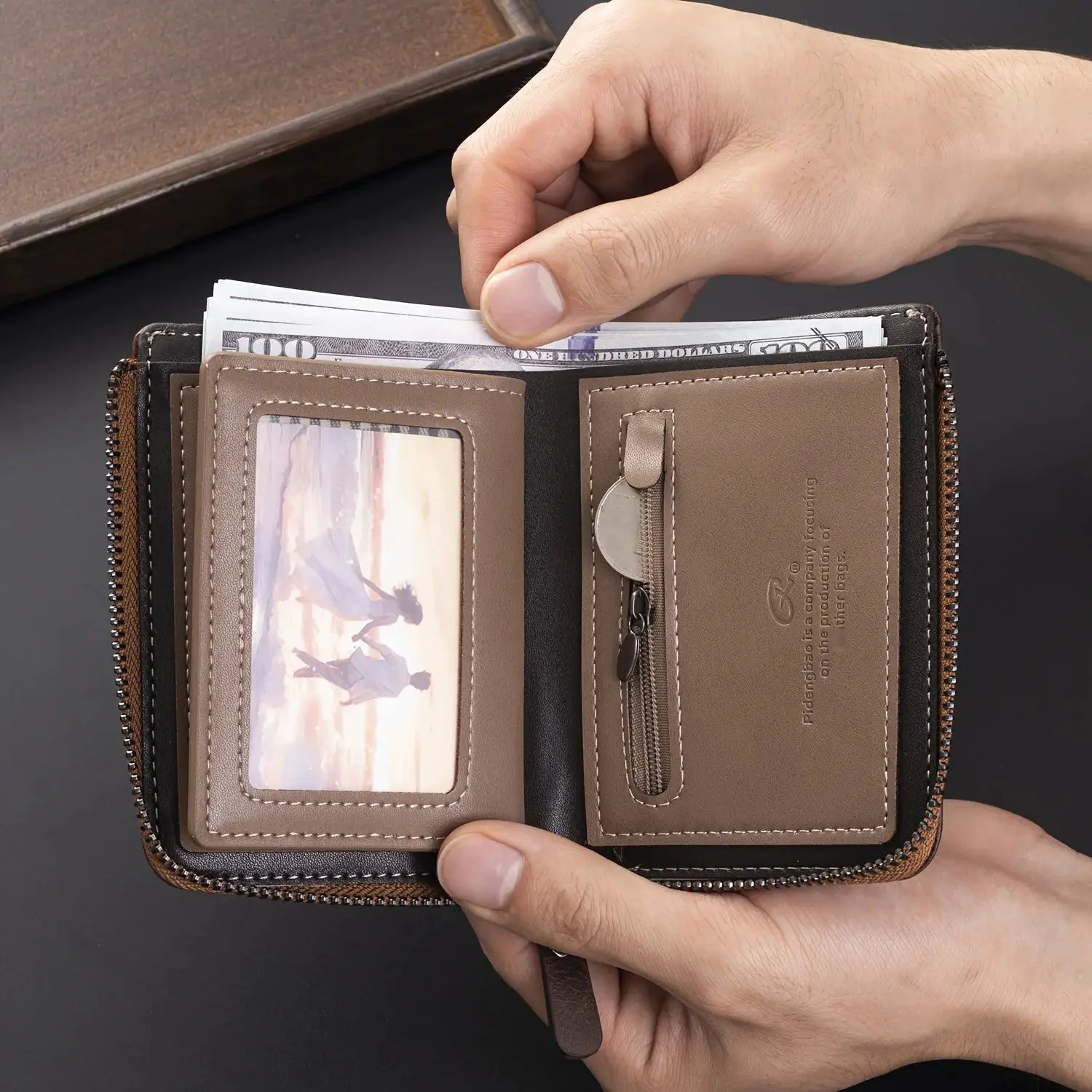 Men's brown PU leather wallet with zipper, card slots and coin pouch, cash visible