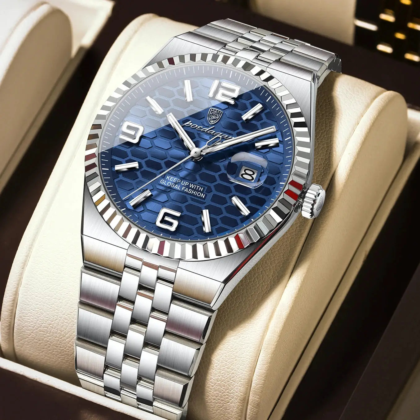 POEDAGAR men's stainless steel watch with blue textured dial, date window and luminous hands