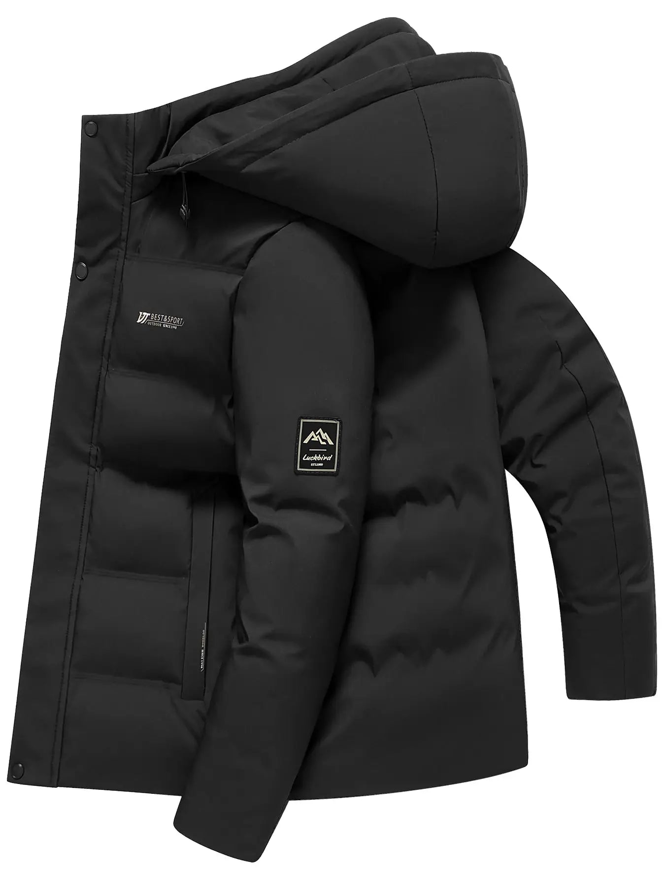 Men's black hooded puffer jacket with quilted panels and sleeve logo patch
