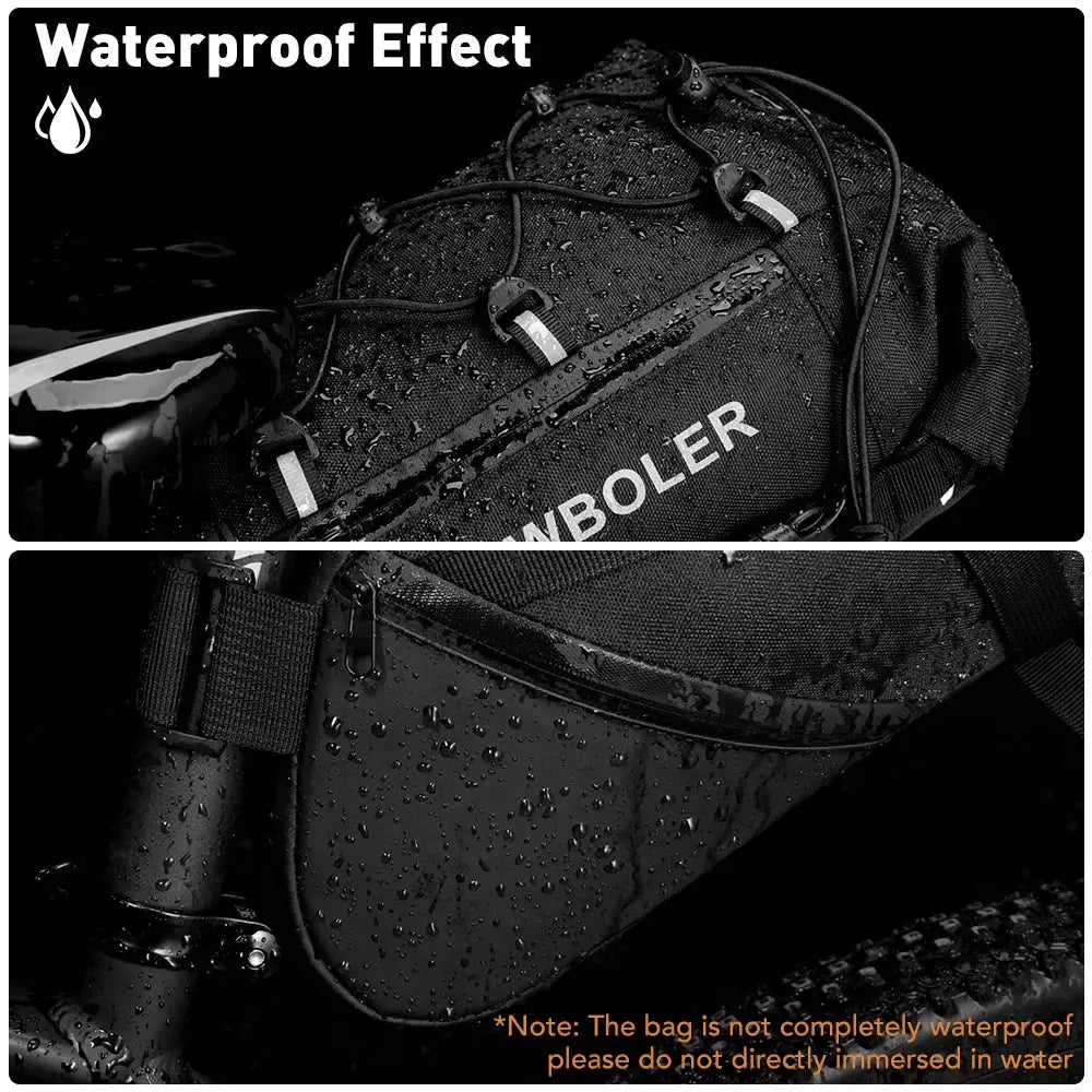 NEWBOLER 10L waterproof bike saddle bag showing waterproof effect with raindrops on its surface.