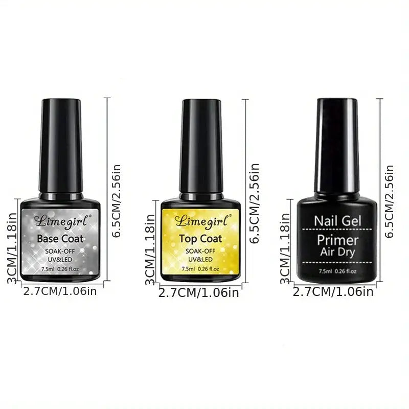 Gel nail polish kit by Simples Market: base coat, top coat, primer (3-piece) with gray, yellow, and black bottles