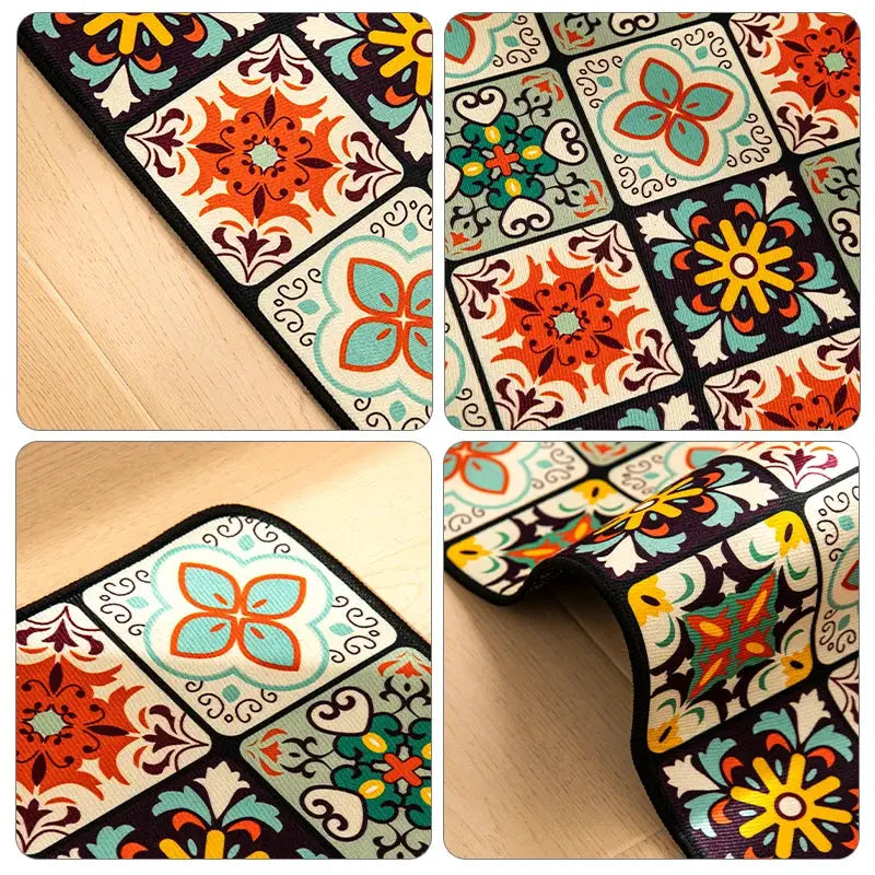 Non-slip kitchen mat, crystal velvet long rug with vibrant multicolor tile pattern and border.