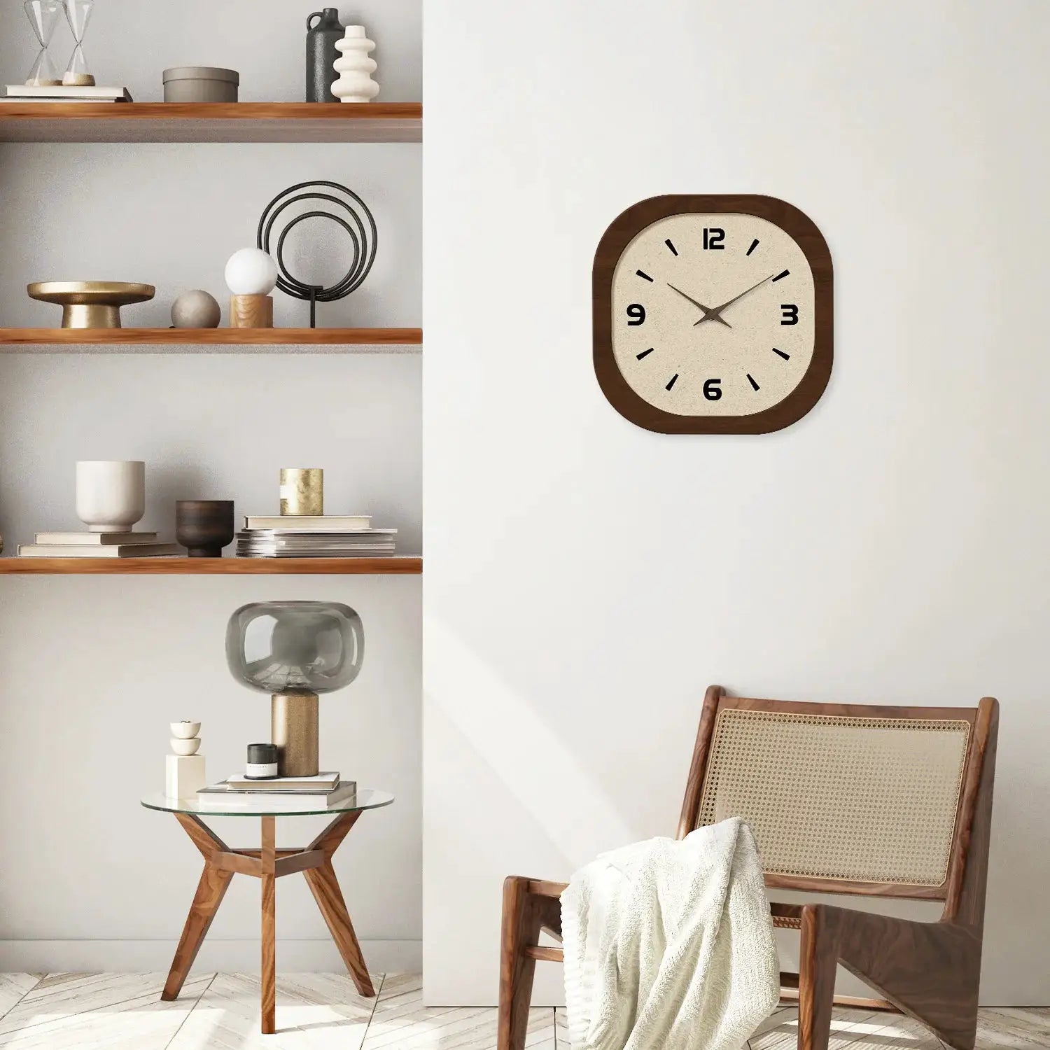 Wooden wall clock with square cream porcelain face, black numerals, French retro design; silent quartz movement.