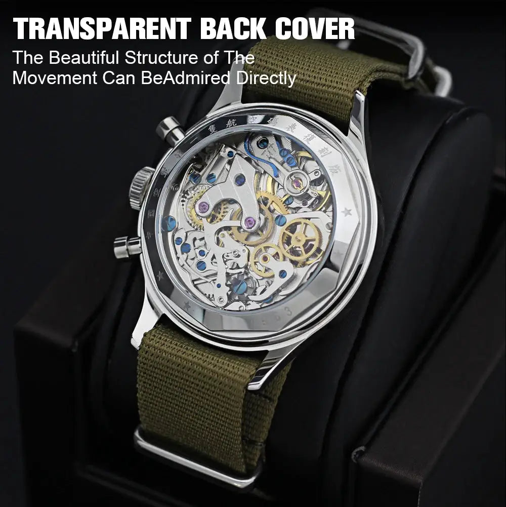 Red Star 38mm men's skeleton chronograph watch with Seagull ST1901 movement, olive strap