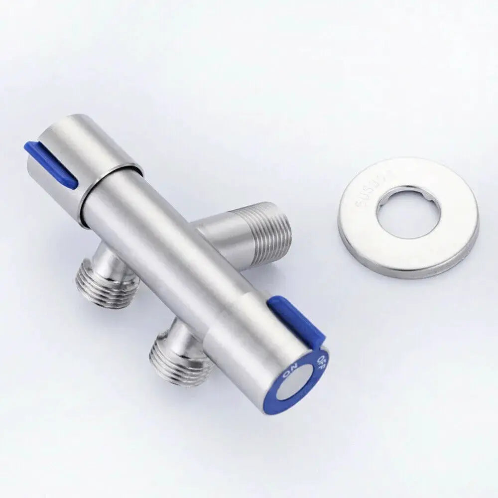 Double-handle stainless steel cold water faucet for washing machines with blue lever handles and a mounting ring
