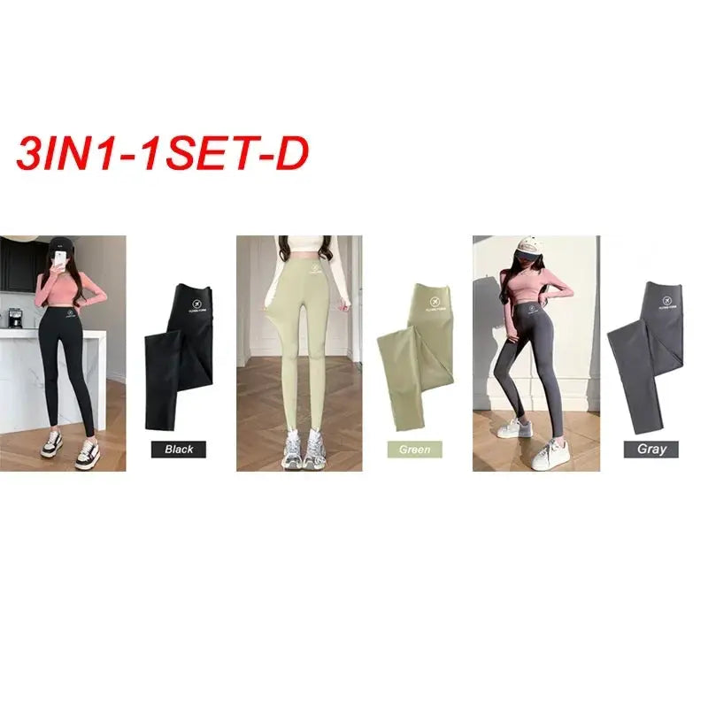 Simples Market M-XL Shark Pants 3-in-1 set: black, green, and gray high-waisted yoga tights.