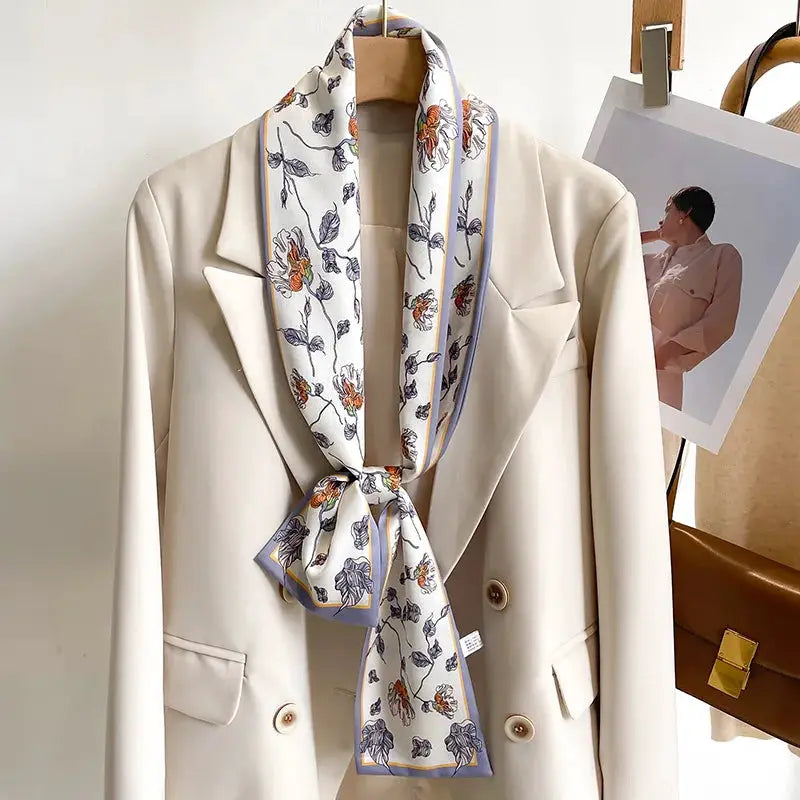 LuxeSilk Silk Feel Printed Design Scarf Versatile Long Narrow Silk Shawl For Fashionable Styles
