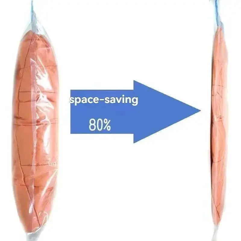 Travel compression bags demonstrating 80% space-saving with a manual roll-up compression system.