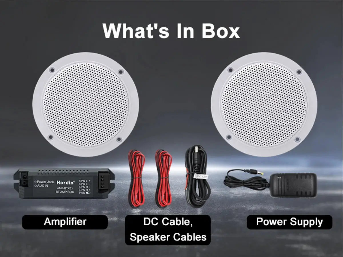 Herdio ceiling speaker amplifier kit with two white 4-inch speakers, amplifier, cables, and power supply