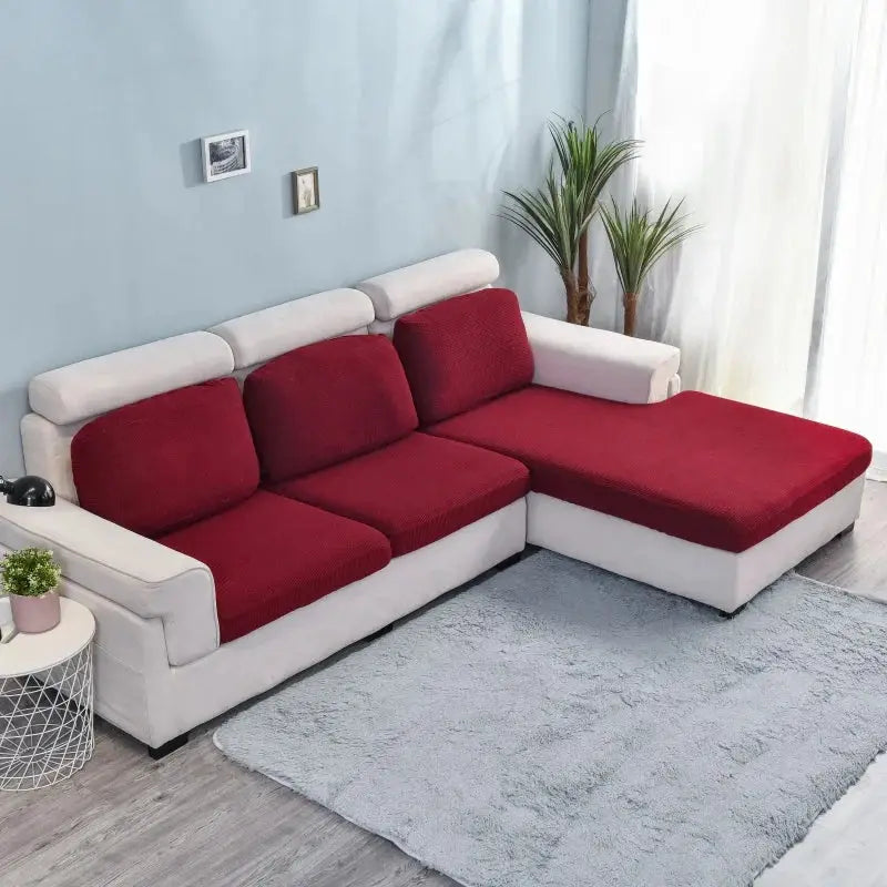 Thick elastic sofa slipcovers in solid red for white L-shaped sectional, Simples Market
