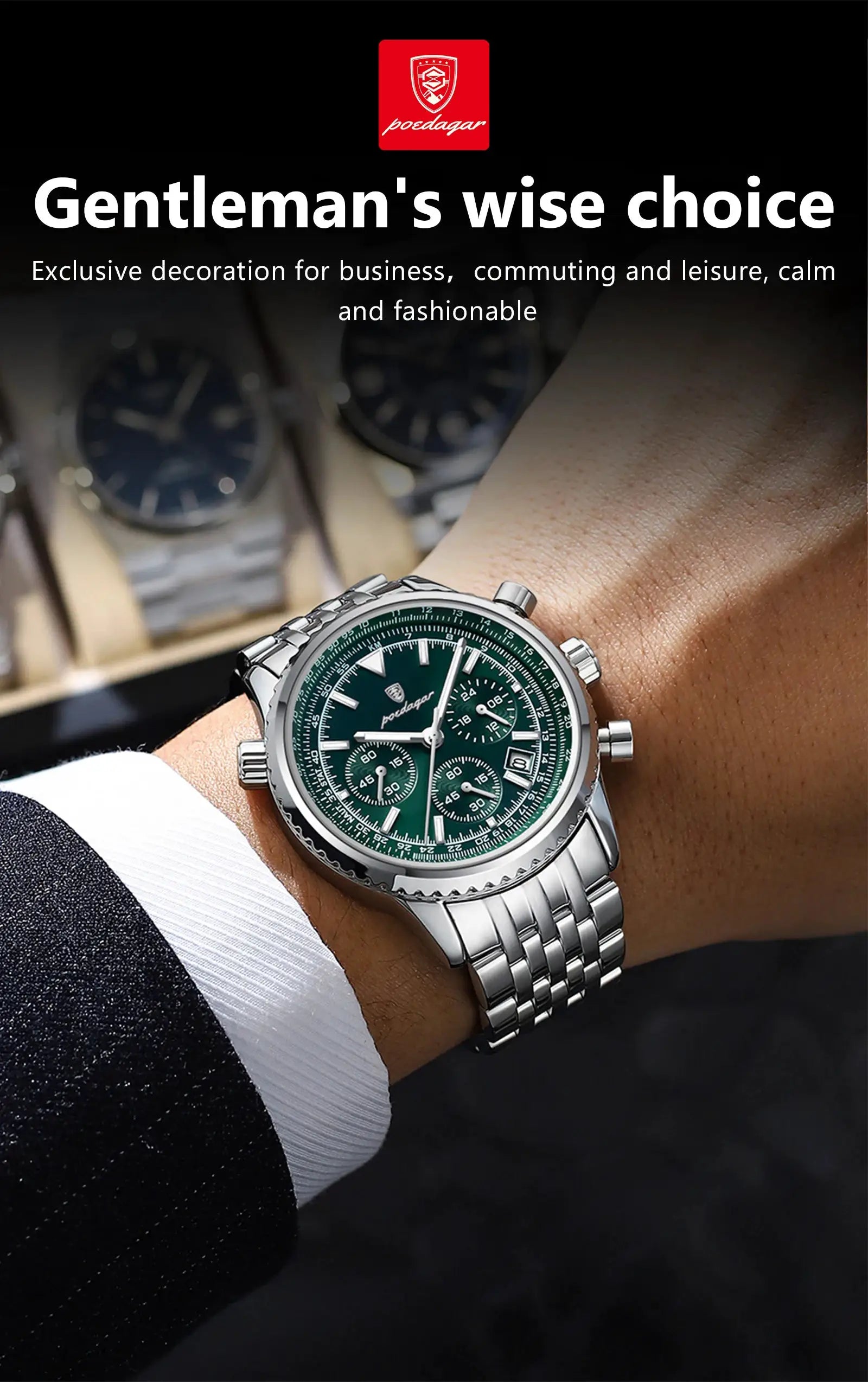 POEDAGAR men's luxury chronograph watch with green dial and stainless steel bracelet