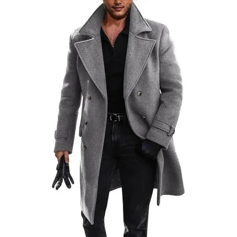 Men's gray wool-blend long coat, double-breasted trench style with turn-down collar