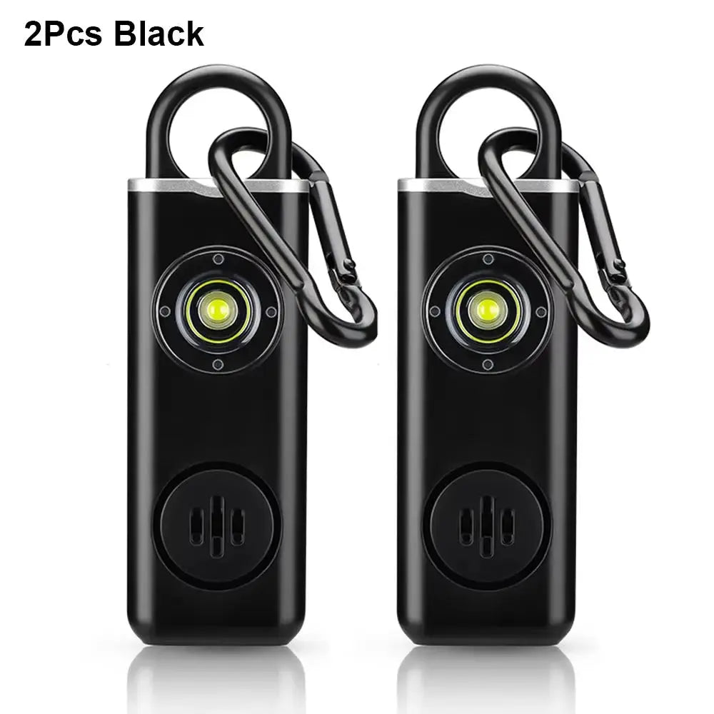 2-pcs Hollarm self-defense personal alarms, black with LED light and carabiner, 130dB siren.