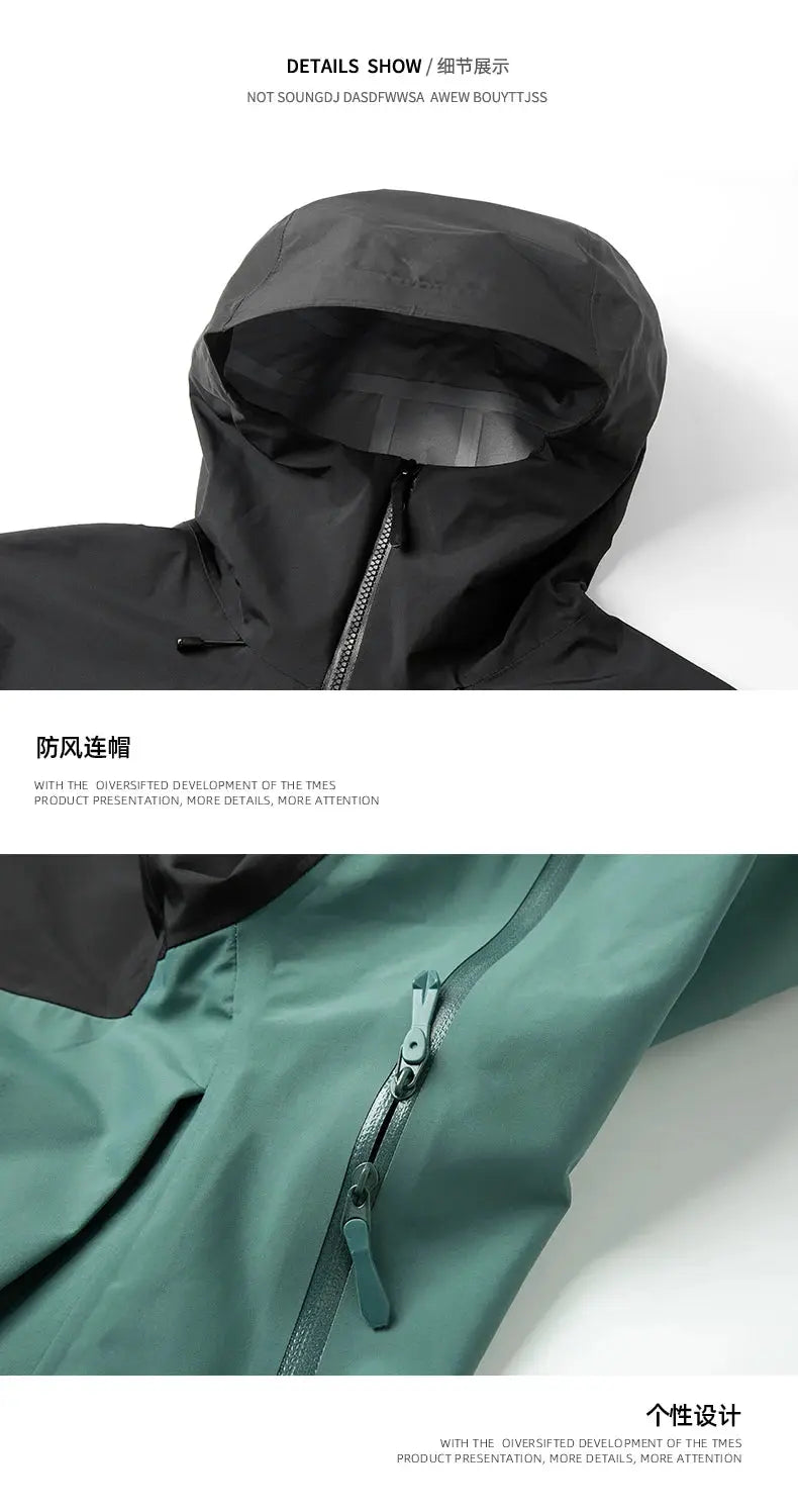 Men's windproof hooded jacket, two-tone black and teal with front zipper.