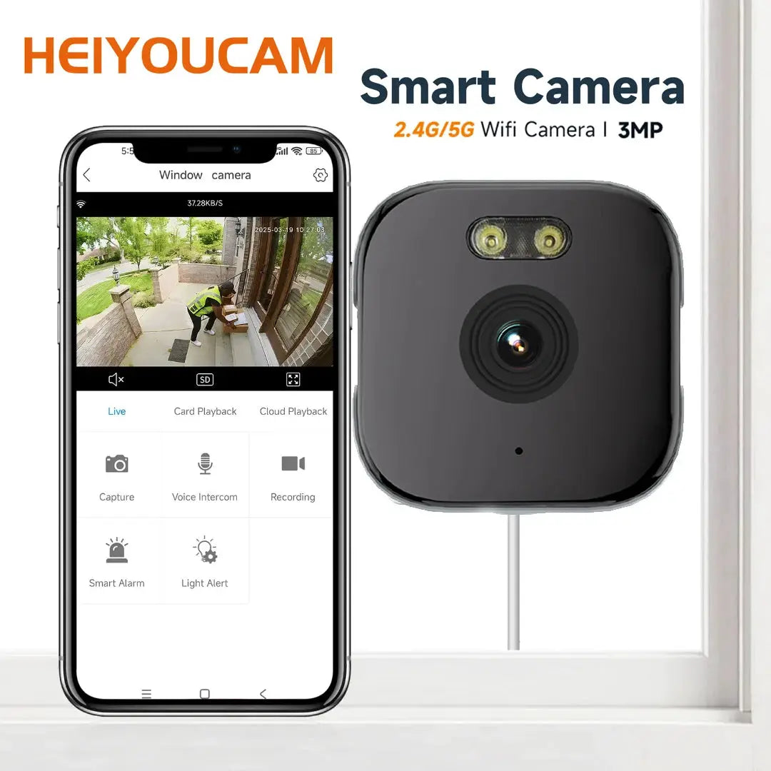 HEIYOUCAM Window Camera; black 3MP wireless camera with 2.4/5GHz Wi-Fi and full-color night vision through window