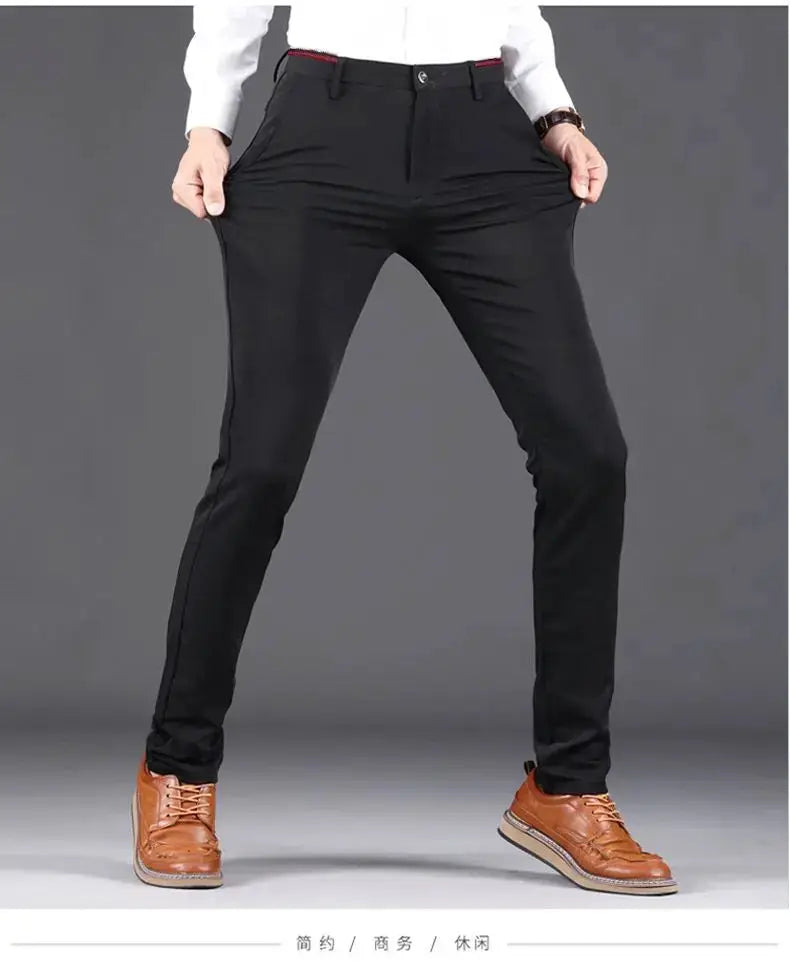 Men's elastic-waist dress pants, professional office trousers, slim fit, wrinkle resistant, black