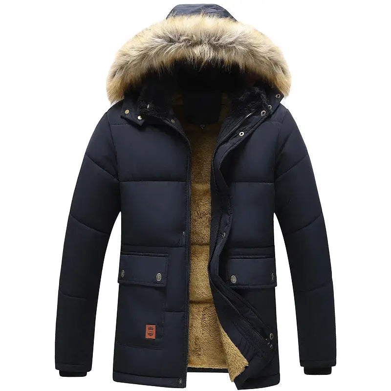Men's Simples Market navy winter parka with fur-trim hood and thick fleece lining