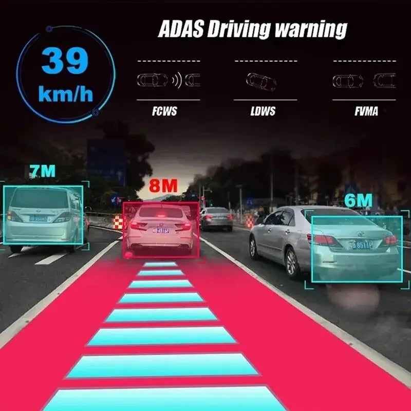Car DVR Dash Cam by Simples Market with ADAS warning on highway; 39 km/h speed and blue distance overlays.