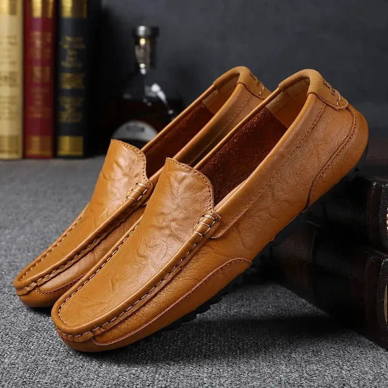 Simples Market tan genuine leather men's slip-on loafers, casual driving moccasins