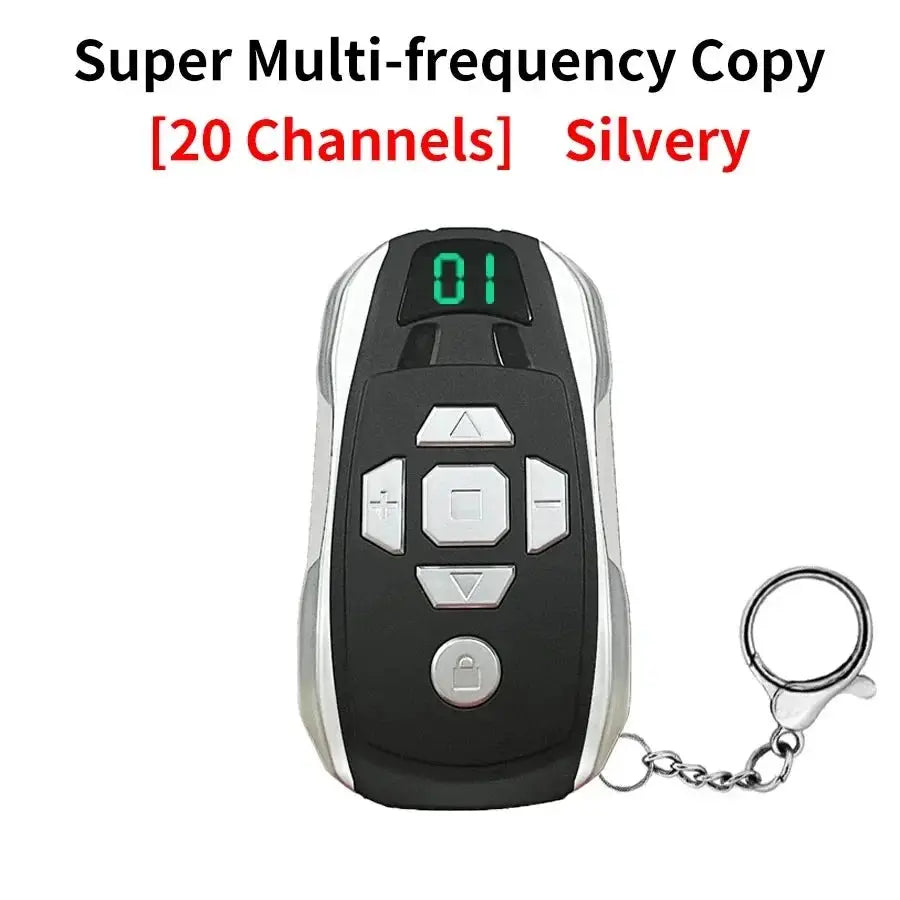 20-channel rechargeable key duplicator remote for universal garage doors; black and silver handheld with LCD display