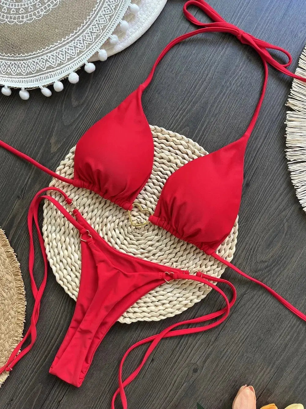 Sexy Halter Bikini Set Solid Color Low Waist Two Piece Swimsuit Triangle Top Thong Bottom Brazilian Biquinis