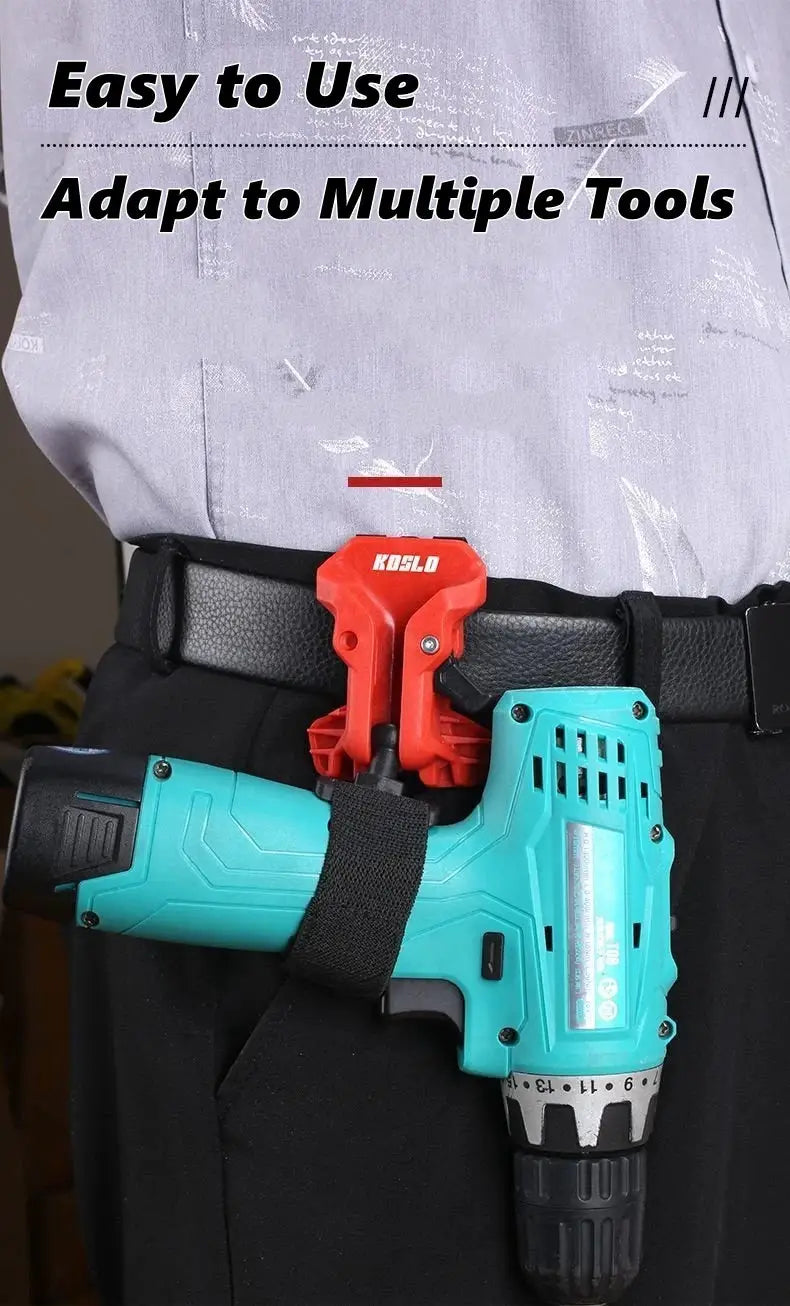 Drill holder with belt clip by KOSLO; red quick-release mount securing turquoise cordless drill.