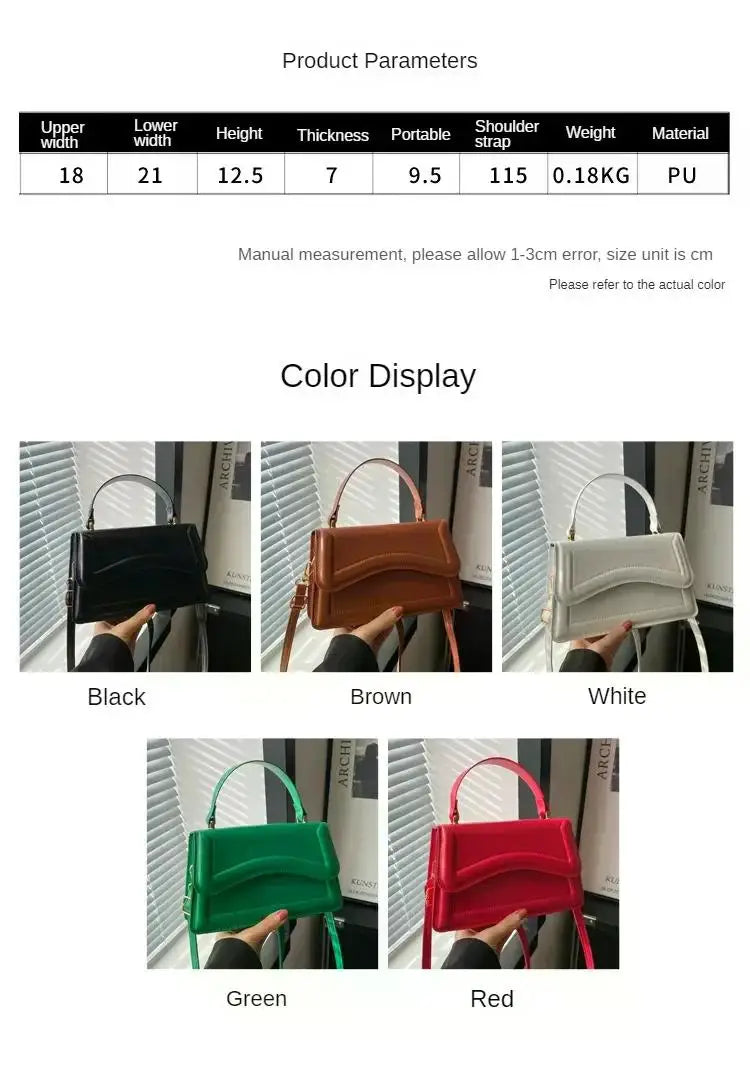 PU leather handbag by Simples Market in black, brown, white, green, and red; compact shoulder crossbody purse.