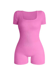 Women's pink ribbed knit square-neck jumpsuit with short sleeves and high-waist bodycon fit
