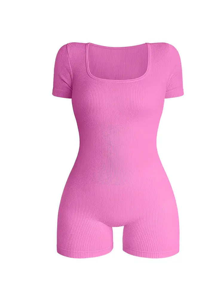 Women's pink ribbed knit square-neck jumpsuit with short sleeves and high-waist bodycon fit