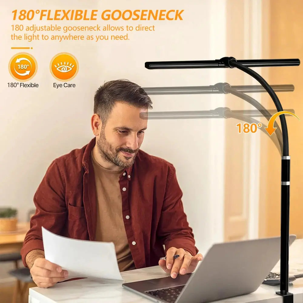 Simples Market black metal eye-care LED desk lamp with clip, 180° flexible gooseneck and 10 brightness levels