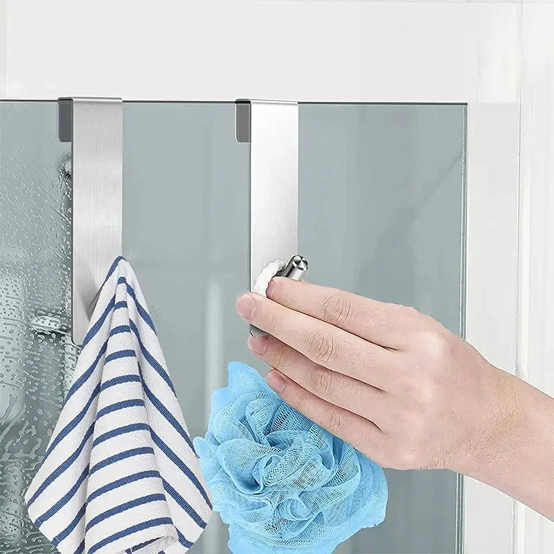 Shower door back hook towel rack pair in stainless steel; over-glass S-shape design for hanging towels, Simples Market