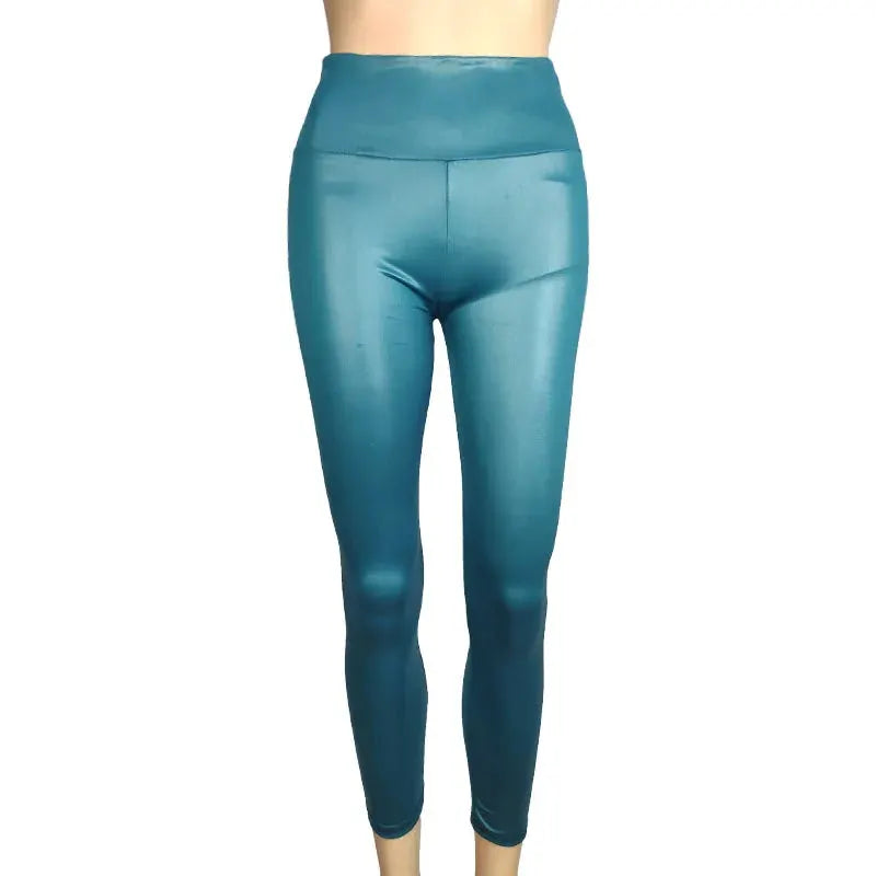 Simples Market high-waist faux leather leggings in teal metallic, stretchy long pants for four seasons